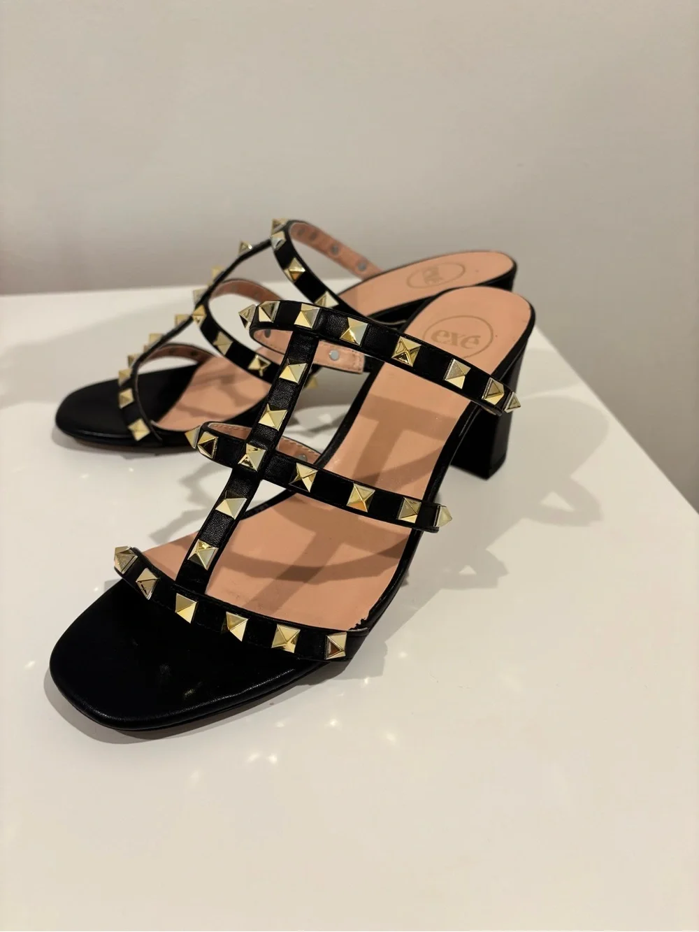 Exe Black Studded Triple-Strap Block Heel Mules 38/7.5